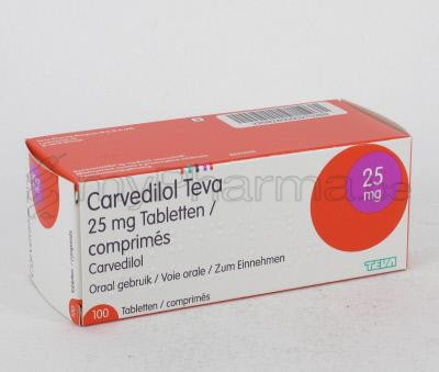 Pharmacie 1000 Bruxelles : > Substances actives - C - Carvédilol - CARVEDILOL TEVA 25 MG 100 COMP
